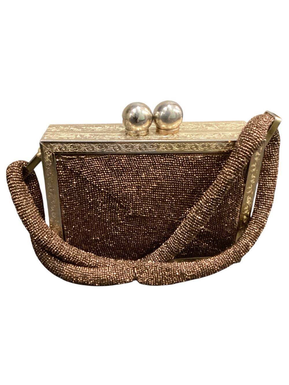 VTG Purse Women’s 1Size Hard Shell Box Purse Beaded With Metal Frame Brown &Gold